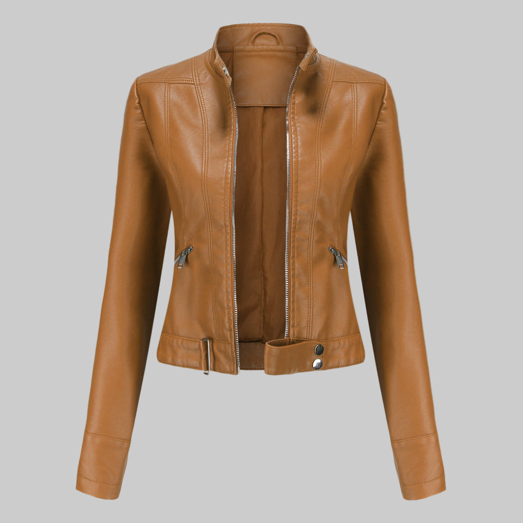 Mera | Chaqueta motera elegante de cuero sintético con cinturón para mujer