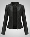 Chaqueta de cuero vegano con cuello vintage y cremallera para mujer