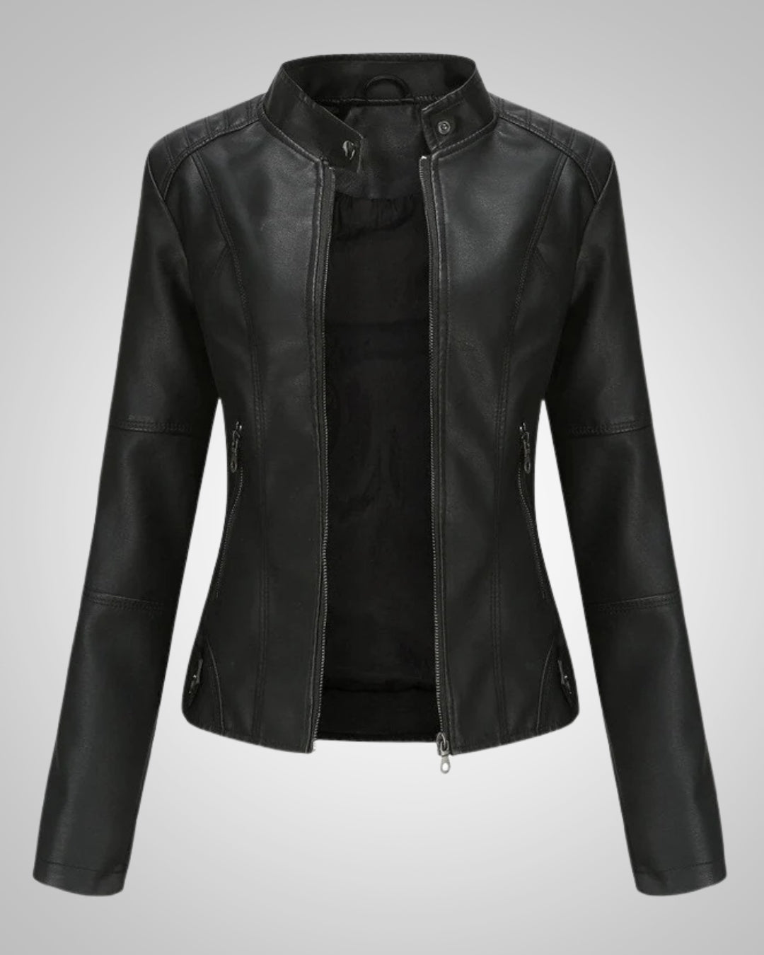 Chaqueta de cuero vegano con cuello vintage y cremallera para mujer