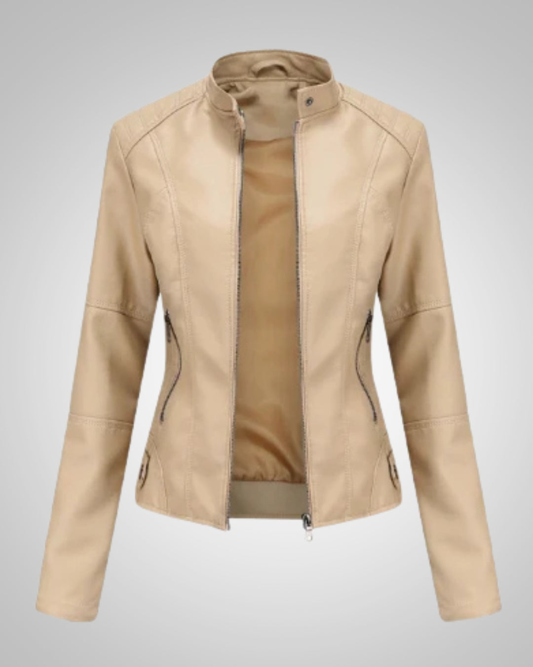 Chaqueta de cuero vegano con cuello vintage y cremallera para mujer