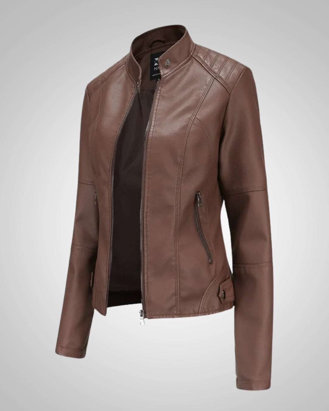 Chaqueta de cuero vegano con cuello vintage y cremallera para mujer