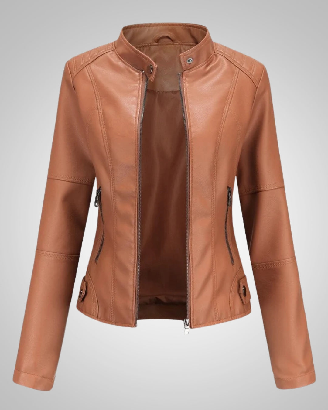 Chaqueta de cuero vegano con cuello vintage y cremallera para mujer