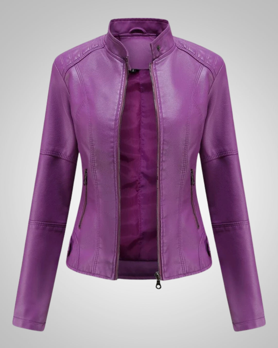 Chaqueta de cuero vegano con cuello vintage y cremallera para mujer