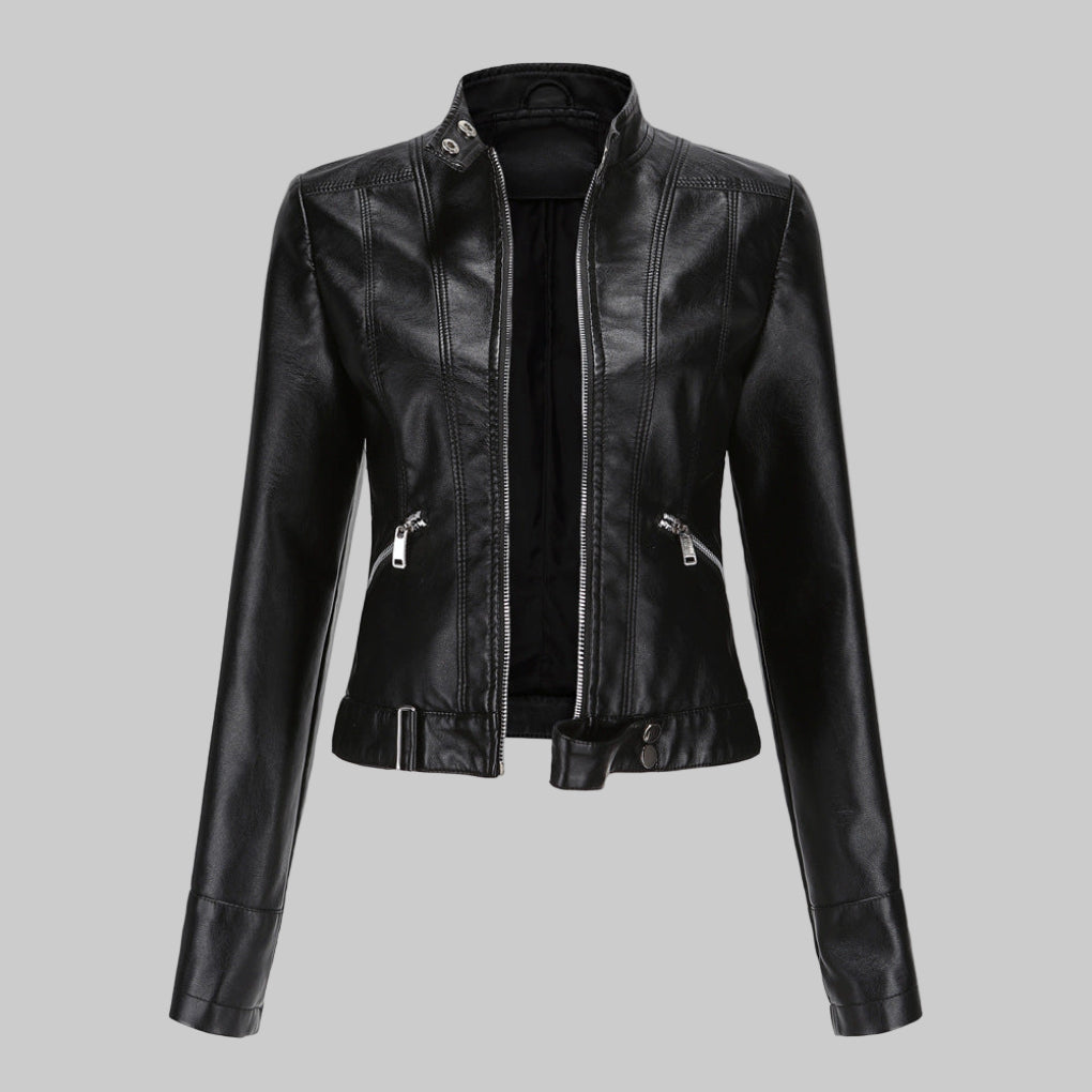 Mera | Chaqueta motera elegante de cuero sintético con cinturón para mujer