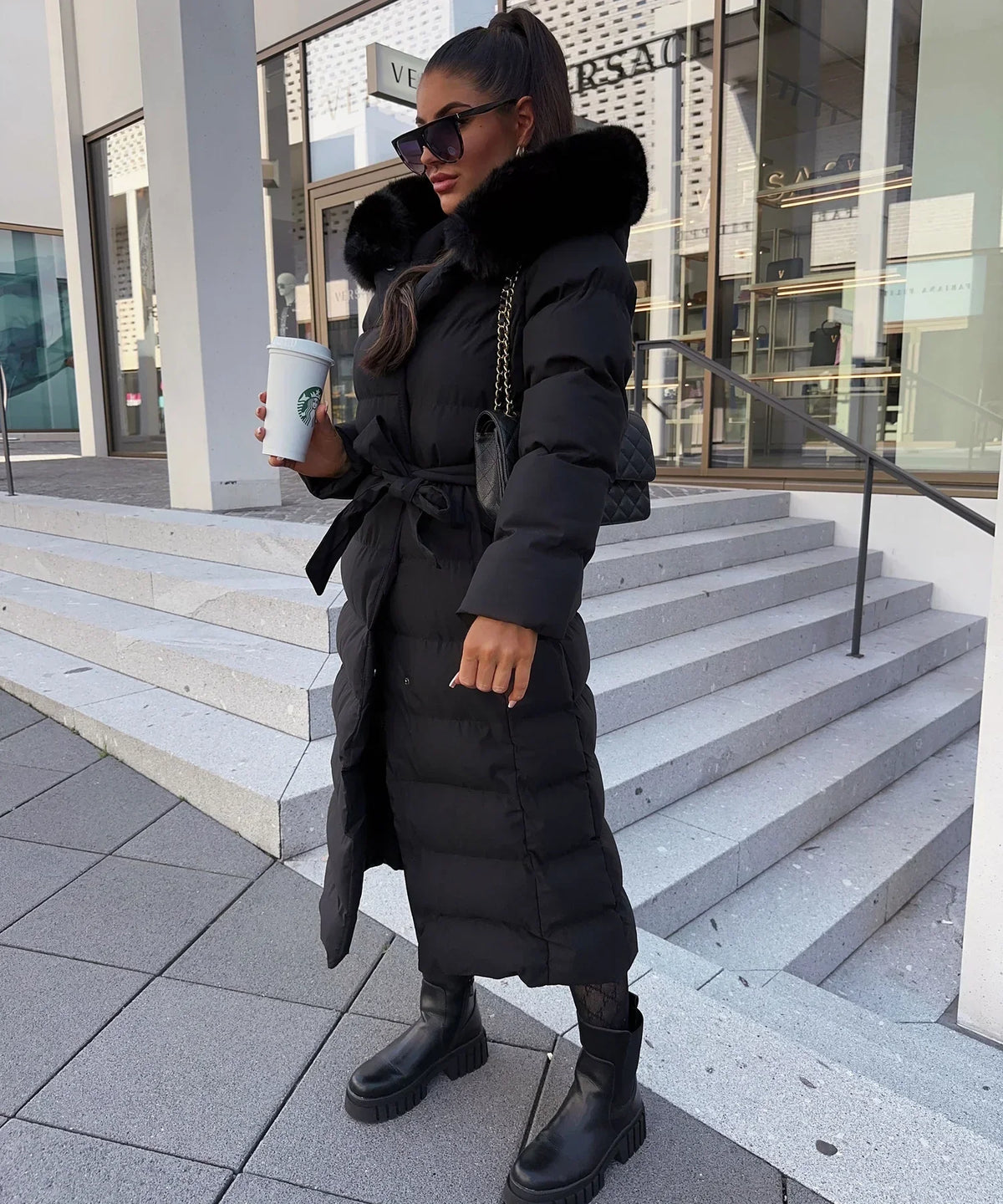 Chaqueta acolchada de invierno con cinturón para mujer
