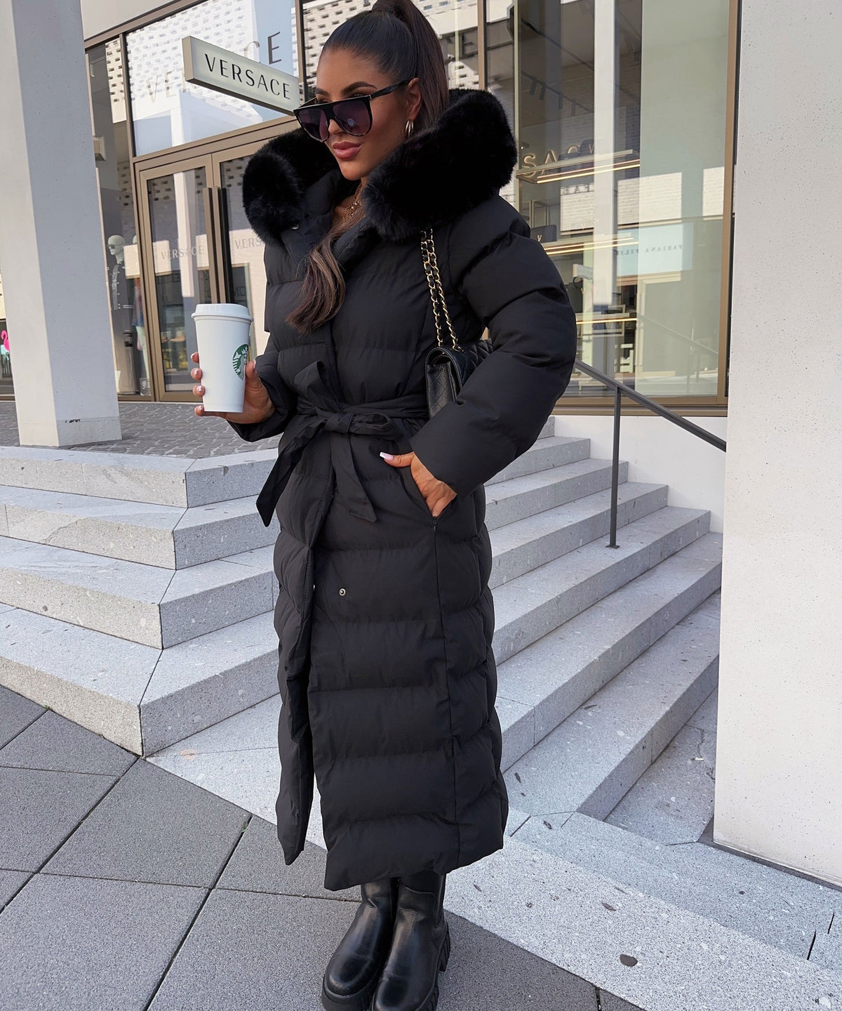 Chaqueta acolchada de invierno con cinturón para mujer