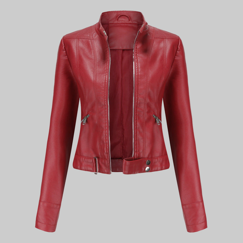 Mera | Chaqueta motera elegante de cuero sintético con cinturón para mujer