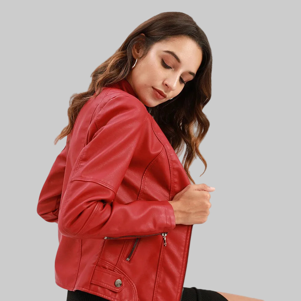 Chaqueta de cuero vegano con cuello vintage y cremallera para mujer