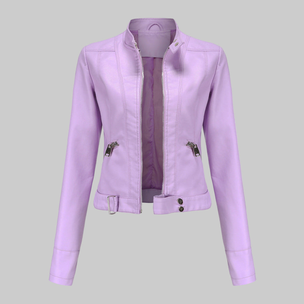 Mera | Chaqueta motera elegante de cuero sintético con cinturón para mujer