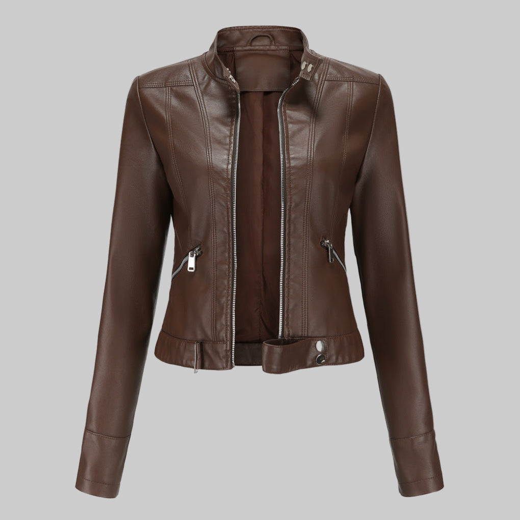 Mera | Chaqueta motera elegante de cuero sintético con cinturón para mujer